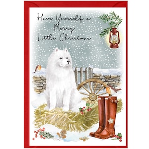 Tarjeta navideña con diseño de perro samoyedo (15,24 x 10,16 cm). Interior en blanco y con sobre. Artículo perfecto para cualquier amante de los perros.