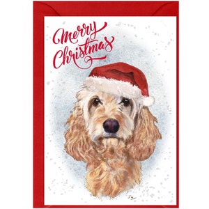Tarjeta navideña con diseño de perro Cockapoo (color crema) (6" x 4") Interior en blanco, con sobre. Artículo perfecto para cualquier amante de los perros