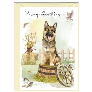 Biglietto "Happy Birthday" con cane pastore tedesco (6" x 4") con busta - Interno vuoto per il tuo messaggio. Perfetto per ogni amante dei cani