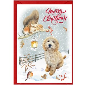 Tarjeta navideña de perro Golden Doodle/Labradoodle (15 x 10 cm). Interior en blanco, con sobre. Presenta al Labradoodle/Golden Doodle.