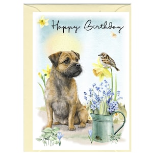 Biglietto "Happy Birthday" per cane Border Terrier (6"x 4") con busta. Vuoto all'interno per il tuo messaggio. Perfetto per ogni amante dei cani