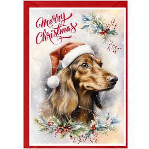 Teckel (langharige) hond kerstkaart (6" x 4") blanco binnenkant - met envelop.  Perfect item voor elke hondenliefhebber