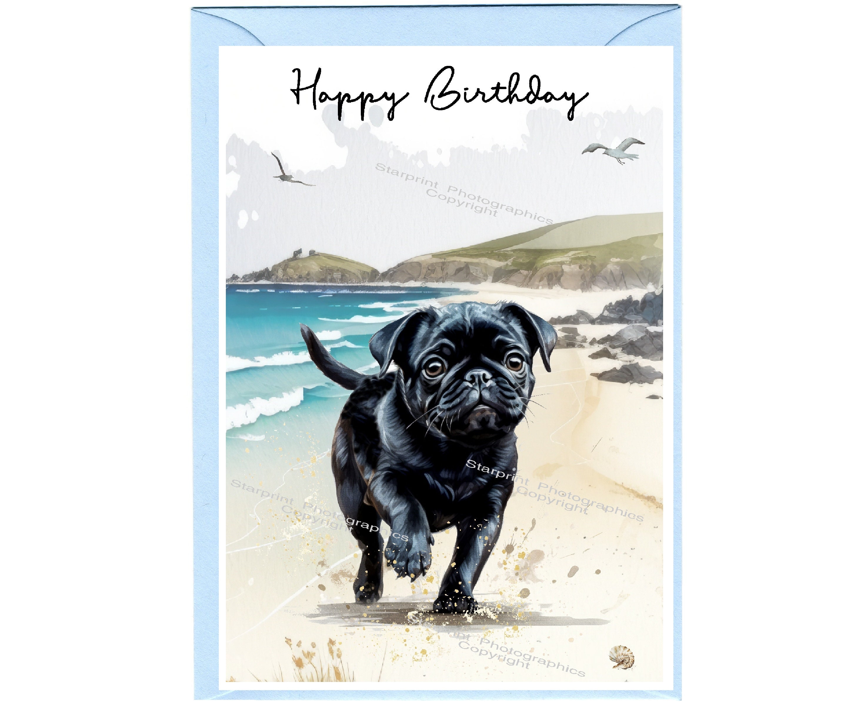 Pug (Black) Dog "Happy Birthday" Card (6" x 4") with Envelope - Blank inside for your own message. Perfect for any dog lover