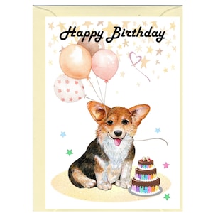 Tarjeta de "Feliz Cumpleaños" para cachorro Corgi (15 x 10 cm) con sobre. Interior en blanco para tu mensaje. Perfecta para cualquier amante de los perros.