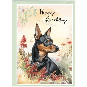 Biglietto di auguri "Buon Compleanno" con Pinscher nano (15x10 cm) e busta. Interno vuoto per il tuo messaggio. Perfetto per ogni amante dei cani.