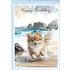 Tarjeta "Feliz cumpleaños" del perro Pomerania (6"x 4") con sobre. Espacio en blanco dentro para tu propio mensaje. Perfecto para cualquier amante de los perros.