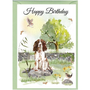 Tarjeta de "Feliz cumpleaños" con sobre (15 x 10 cm) y texto en inglés Springer Spaniel. Interior en blanco para escribir tu propio mensaje. Perfecta para cualquier amante de los perros.