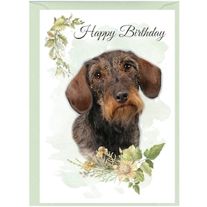 Biglietto "Happy Birthday" per cane a pelo duro bassotto (6" x 4") con busta - Interno vuoto per il tuo messaggio. Perfetto per ogni amante dei cani.