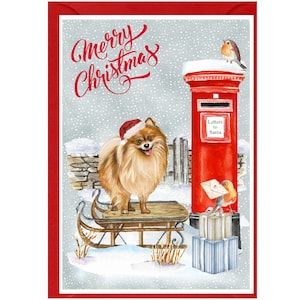 Cartão de Natal do cão Pomeranian (6" x 4") em branco dentro - com envelope. Item perfeito para qualquer amante de cães