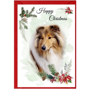 Biglietto di Natale con cane Rough Collie Sable (15x10 cm), vuoto all'interno e con busta. Articolo perfetto per ogni amante dei cani.