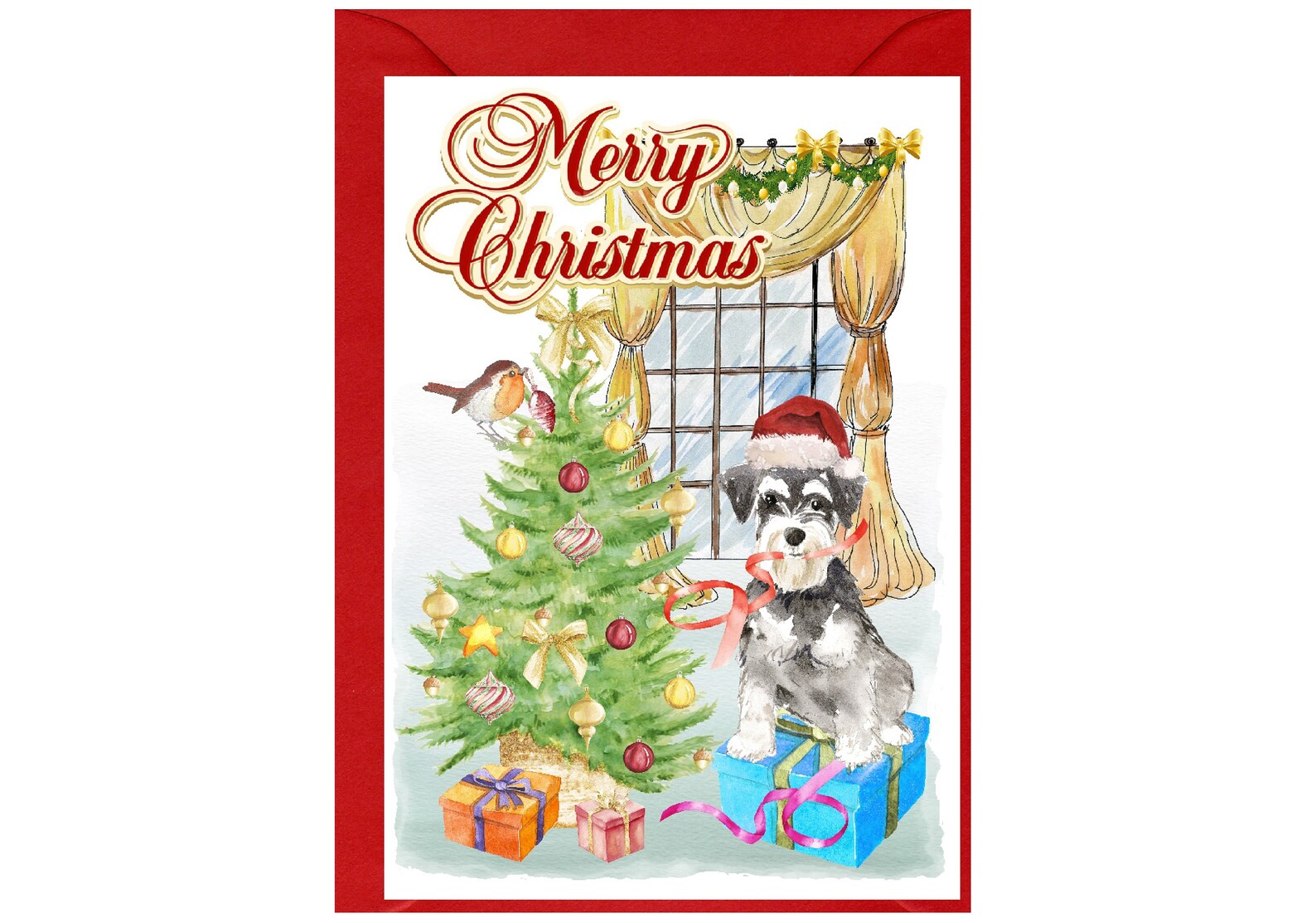Miniature Schnauzer Dog Christmas Card (6" X 4") Blank Inside - With ...