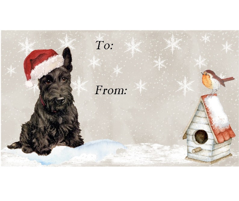 May include: A black Scottish Terrier wearing a red Santa hat sits in the snow with a birdhouse and a robin in the background. The text "To:" and "From:" is on the gift tag.