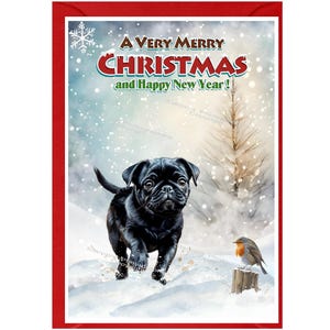 Tarjeta de Navidad para perro Pug (negro) (6" x 4") Interior en blanco, con sobre. Artículo perfecto para cualquier amante de los perros.