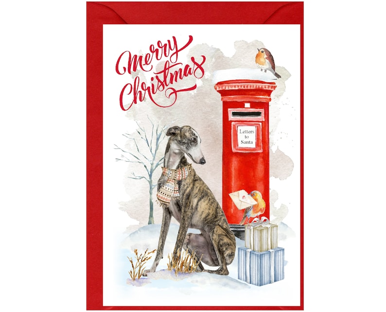Carte de Noël chien lévrier (6 x 4 po.) vierge à l'intérieur - avec enveloppe. Article parfait pour tous les amoureux des chiens image 1