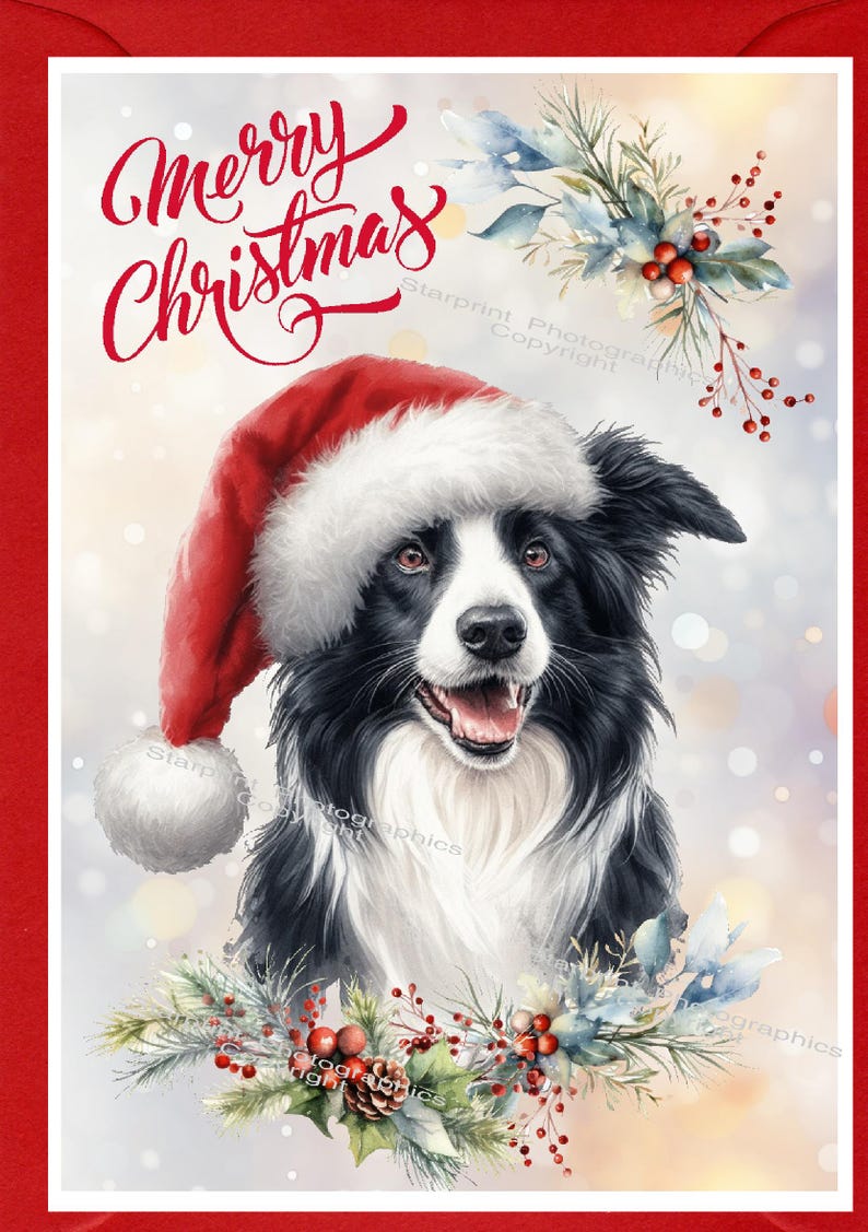 Border Collie Dog Christmas Card (6" X 4") Blank Inside - With Envelope ...