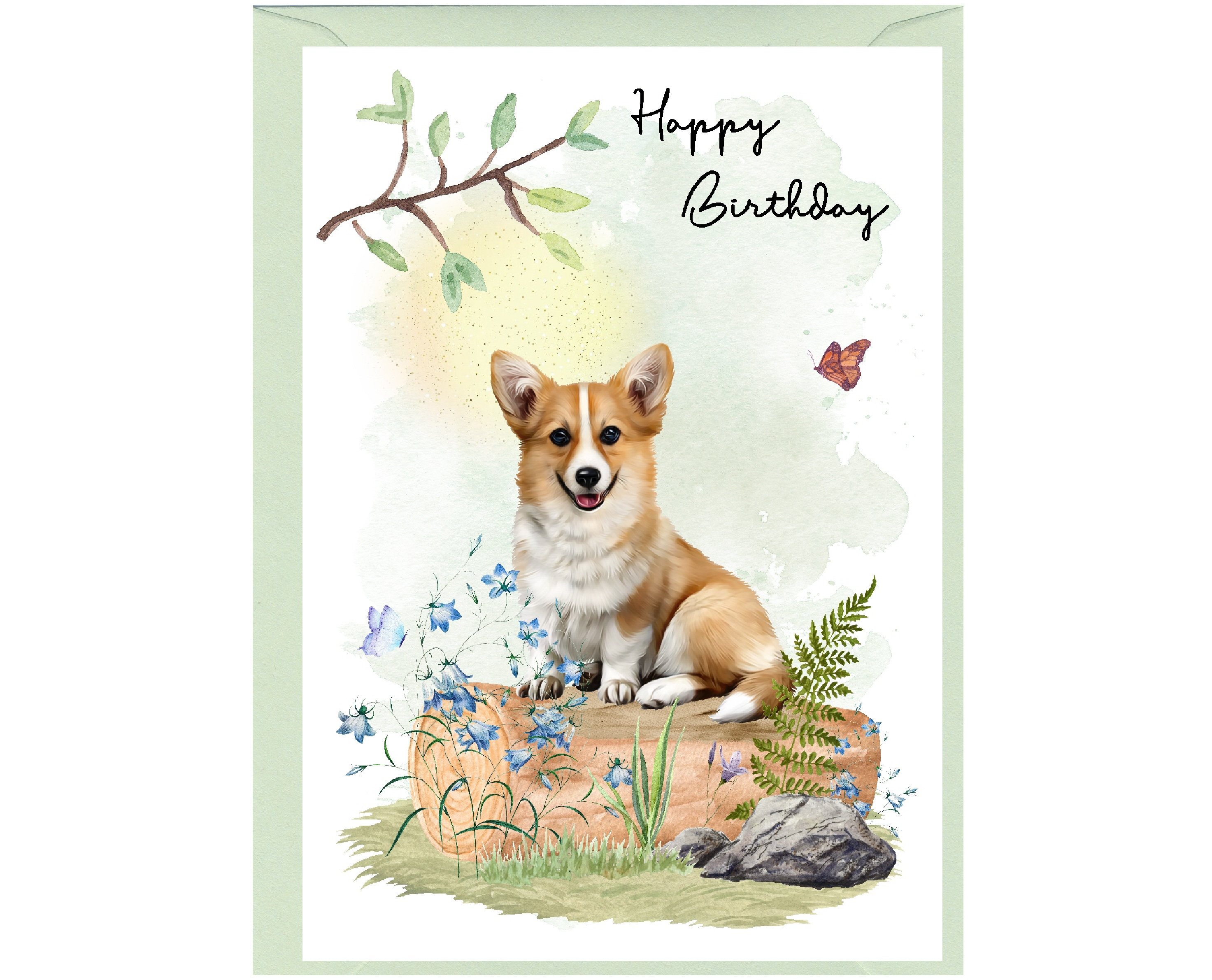 コーギー犬の「ハッピーバースデー」カード（6インチ×4インチ）と封筒