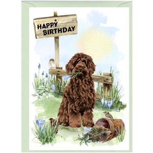 Cartão de "feliz aniversario" do cão Labradoodle/Doodle (6" x 4") com envelope - interior vazio para sua própria mensagem. Perfeito para qualquer amante de cães