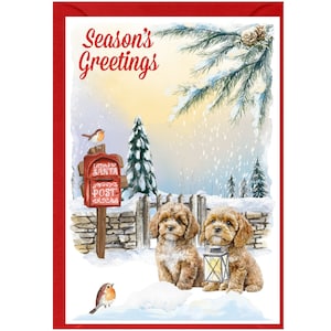 Tarjeta navideña con diseño de perro Cavapoo o Doodle (6" x 4"). Interior en blanco y con sobre. Artículo perfecto para cualquier amante de los perros.
