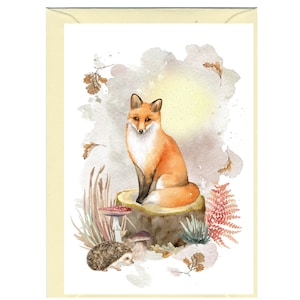 Carte/notelet vierge renard et hérisson (6 x 4 po.) avec enveloppe - Idéal pour toutes les occasions.