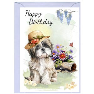 Biglietto "Happy Birthday" con cane Shih Tzu (6" x 4") con busta - Interno vuoto per il tuo messaggio. Il saluto può essere modificato, faccelo sapere.