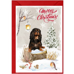 Tarjeta navideña de Cavalier King Charles Spaniel (negro y fuego) (15 x 10 cm). Interior en blanco y con sobre. Ideal para cualquier amante de los perros.