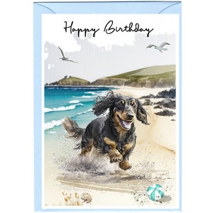 Carte « Joyeux anniversaire » chien teckel à poil long (6 x 4 po.) avec enveloppe - Vierge à l'intérieur pour votre propre message. Parfait pour tous les amoureux des chiens.