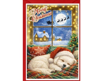 Carte de Noël chien maltais (6 x 4 po.) vierge à l'intérieur - avec enveloppe.  Article parfait pour tous les amoureux des chiens