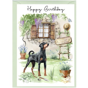 Dobermann Hund ""Happy Birthday"" Glückwunschkarte (15,5 x 10,5 cm) mit Umschlag - Leere Innenseite für Ihre eigene Nachricht." Perfekt für jeden Hundefreund