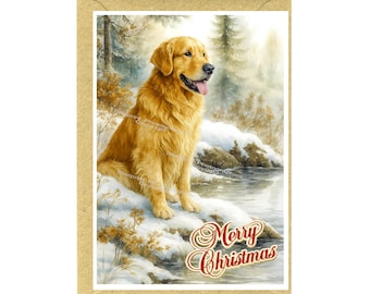 May include: A Christmas card featuring a golden retriever dog sitting on a snowy riverbank. The dog has a golden coat and is looking to the right. The words "Merry Christmas" are in red script at the bottom.