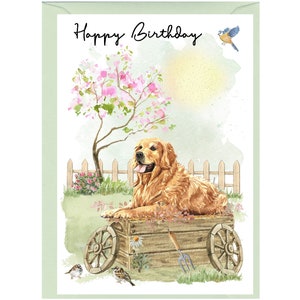 Biglietto "Happy Birthday" con cane Golden Retriever (6" x 4") con busta - Interno vuoto per il tuo messaggio. Perfetto per ogni amante dei cani