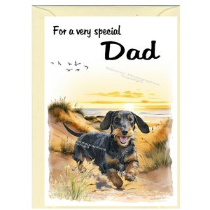 Biglietto di auguri vuoto/biglietto per PAPÀ con cane bassotto a pelo duro (15,2 x 10,2 cm) e busta, ideale per la festa del papà, compleanno, ecc.
