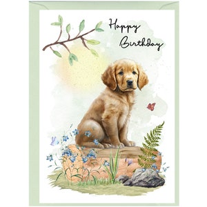 Carte « Joyeux anniversaire » Chiot Golden Retriever (6 x 4 po.) avec enveloppe - Vierge à l'intérieur pour votre propre message. Parfait pour tous les amoureux des chiens