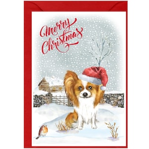Papillon vlinder hond kerstkaart (6" x 4") blanco binnenkant - met envelop.  Perfect item voor elke hondenliefhebber