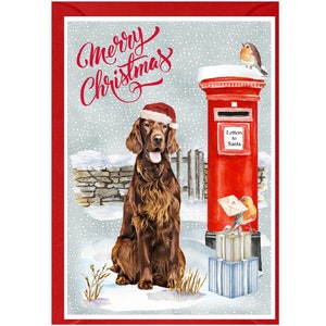 Cartão de Natal do cão vermelho do setter irlandês (6" x 4") em branco por dentro - com envelope. Item perfeito para qualquer amante de cães