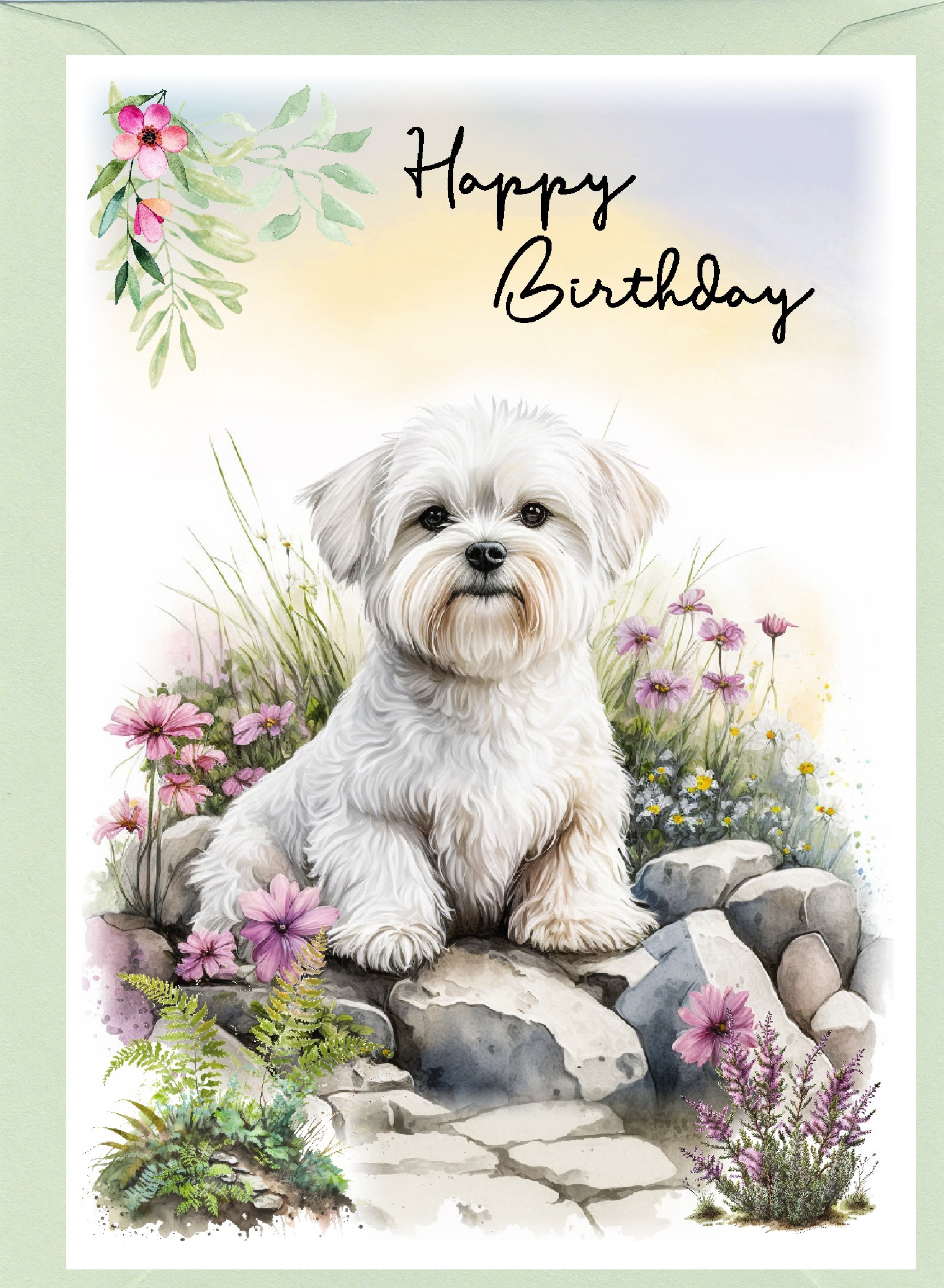 New Puppy Gift Maltese Dog Birthday Card - Premium 5x7 Inch Blank Note ...