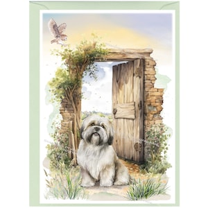 Gepersonaliseerde Lhasa Apso-hondenwenskaart (6 x 4 inch) met envelop.  Kaart kan indien gewenst blanco worden gelaten