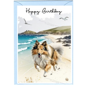 Ruwe Collie Dog "Happy Birthday" kaart (6"x 4") met envelop. Spatie binnen voor uw eigen bericht. Perfect voor elke hondenliefhebber