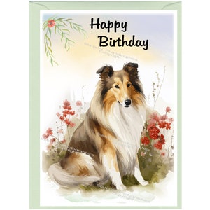 Biglietto "Happy Birthday" con cane Rough Collie (6"x4") con busta. Interno vuoto per il tuo messaggio. Perfetto per qualsiasi amante dei cani