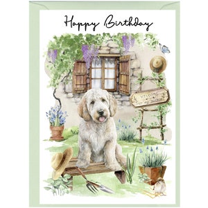 Cartão "Feliz Aniversário" Labradoodle / Golden Doodle Dog (6"x 4") com Envelope. Em branco por dentro para sua própria mensagem. Perfeito para qualquer amante de cães