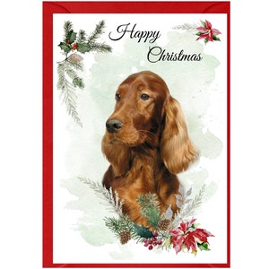 Cartão de Natal do cão vermelho do setter irlandês (6" x 4") em branco por dentro - com envelope. Item perfeito para qualquer amante de cães