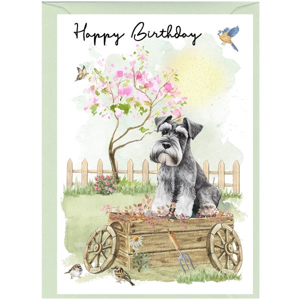 Carte miniature Schnauzer Dog « Joyeux anniversaire » (6 » x 4 ») avec enveloppe - Vierge à l’intérieur pour votre propre message. Parfait pour tout amoureux des chiens