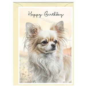 Chihuahua longcoat hond "Happy Birthday" kaart (6 x 4") met envelop. Blanco binnenkant voor je eigen bericht. Perfect voor elke hondenliefhebber
