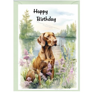 Carte « Joyeux anniversaire » Chien Vizsla hongrois (6 x 10 cm) avec enveloppe - Vierge à l'intérieur pour votre propre message. Parfait pour tous les amoureux des chiens
