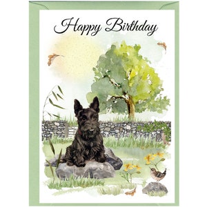 Carte « Joyeux anniversaire » Terrier écossais / Chien écossais (6 x 4 po.) avec enveloppe - Vierge à l'intérieur pour votre propre message. Parfait pour tous les amoureux des chiens.