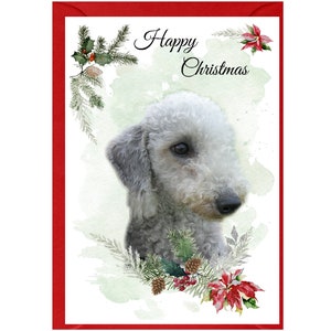Tarjeta navideña con un Bedlington Terrier (15,24 x 10,16 cm). Interior en blanco y con sobre. Artículo perfecto para cualquier amante de los perros.