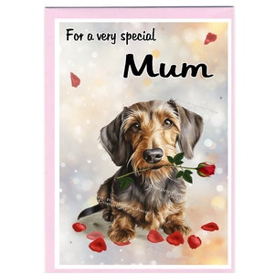 Biglietto di auguri vuoto/biglietto per MAMMA a forma di cane bassotto a pelo duro (15,2 x 10,2 cm) con busta, ideale per la festa della mamma, compleanno, ecc.