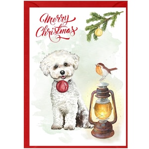 Tarjeta de Navidad para perros Bichon Frise (6" x 4") Interior en blanco - con sobre. Artículo perfecto para cualquier amante de los perros.