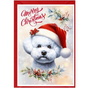 Carte de Noël chien bichon frisé (6 x 4 po.) vierge à l'intérieur - avec enveloppe.  Article parfait pour tous les amoureux des chiens