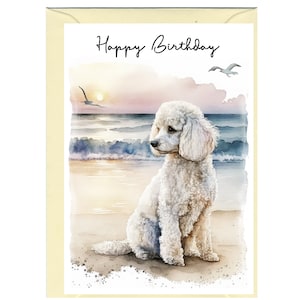 Tarjeta "Feliz Cumpleaños" de Perro Blanco Caniche (6"x 4") con sobre. Espacio en blanco dentro para tu propio mensaje. Perfecto para cualquier amante de los perros.