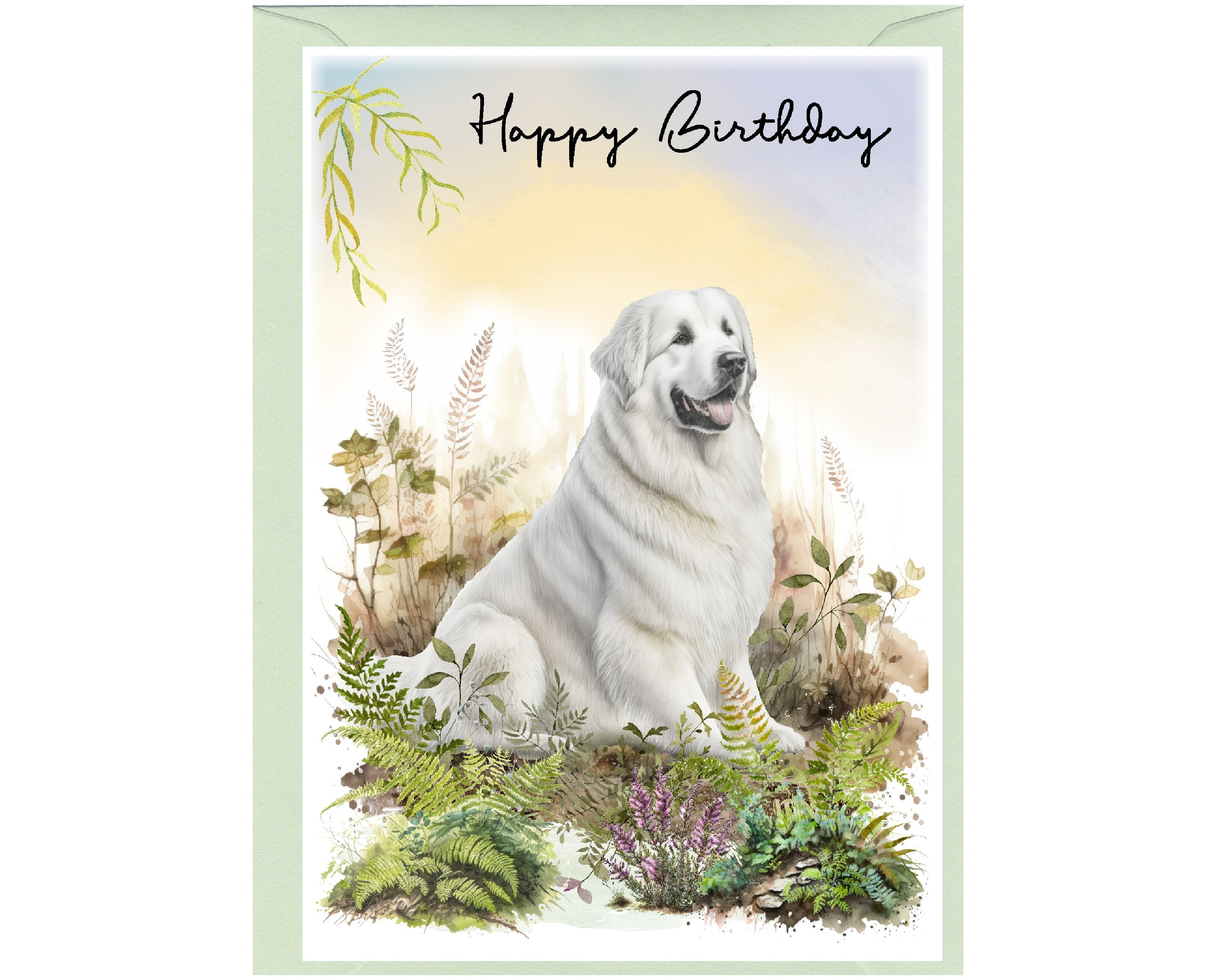 Cartão de "Feliz Aniversário" para Cão da Montanha dos Pireneus (Grandes Pirineus) (15 cm x 10 cm) com envelope. Interior em branco para sua própria mensagem.